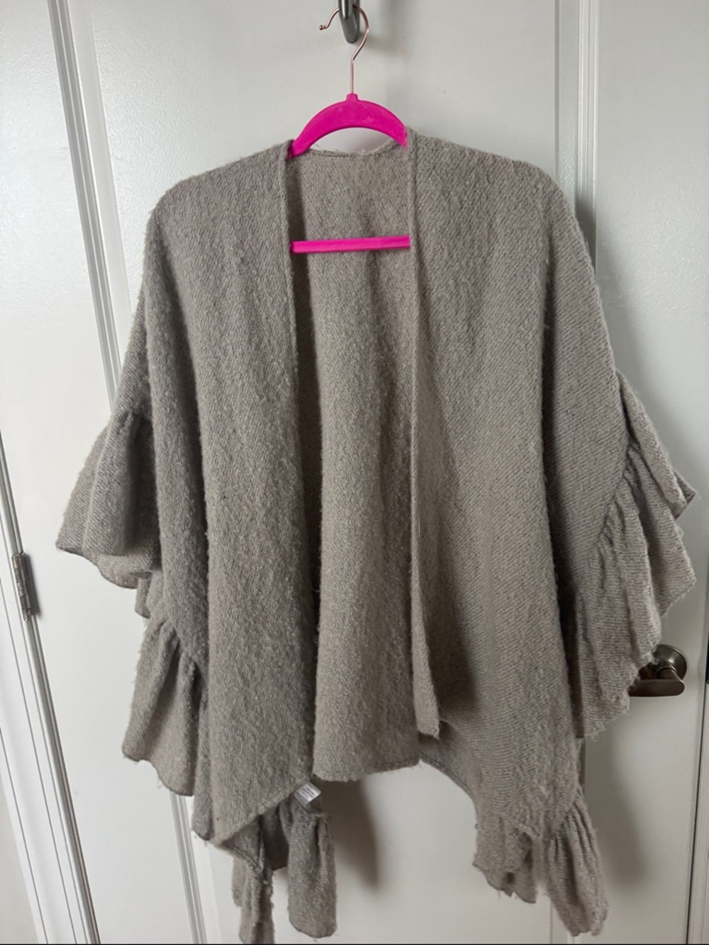 Cozy Ruffled Open Front Shawl Cardigan in Taupe